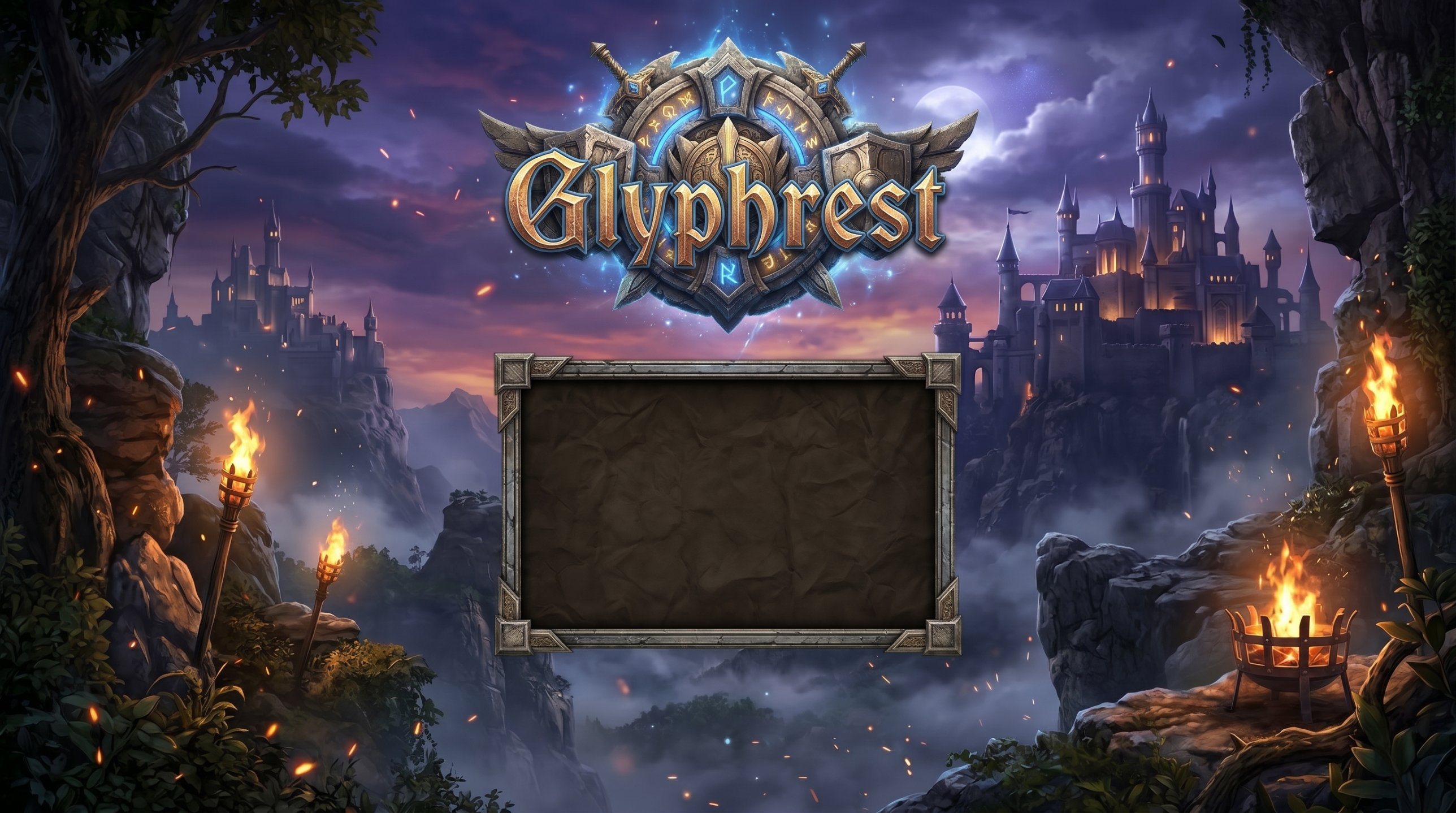 Glyphrest title art: a glowing glyph crest over castles at dusk